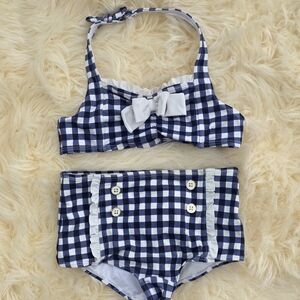 Janie & Jack Size 8 Girls Navy and White Gingham Two-Piece Swim Set Bikini